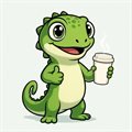 Lizard mascot holding a coffee