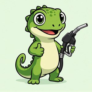 Fuel Cost Lizard mascot holding a gas pump nozzle