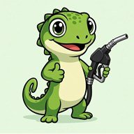 Fuel Cost Lizard mascot holding a gas pump nozzle